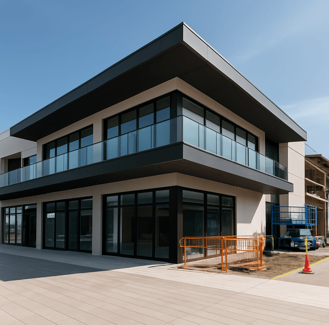 constructoras-cancun-quintana-roo-edificio-comercial Edificio comercial moderno en Cancún, Quintana Roo, desarrollado por empresas constructoras con diseño arquitectónico contemporáneo.