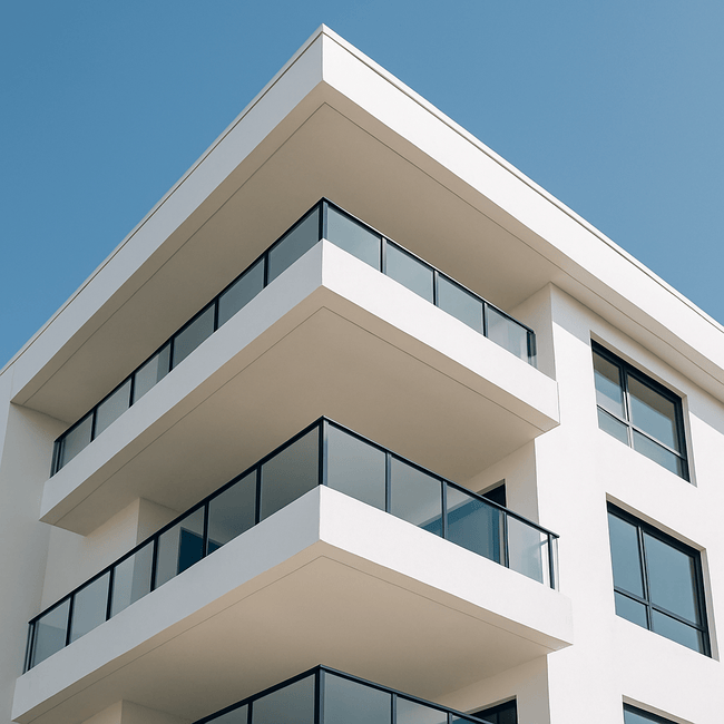 constructoras-chetumal-edificio-moderno-balcones Edificio moderno con balcones de cristal desarrollado por constructoras en Chetumal, ejemplo de arquitectura residencial contemporánea.